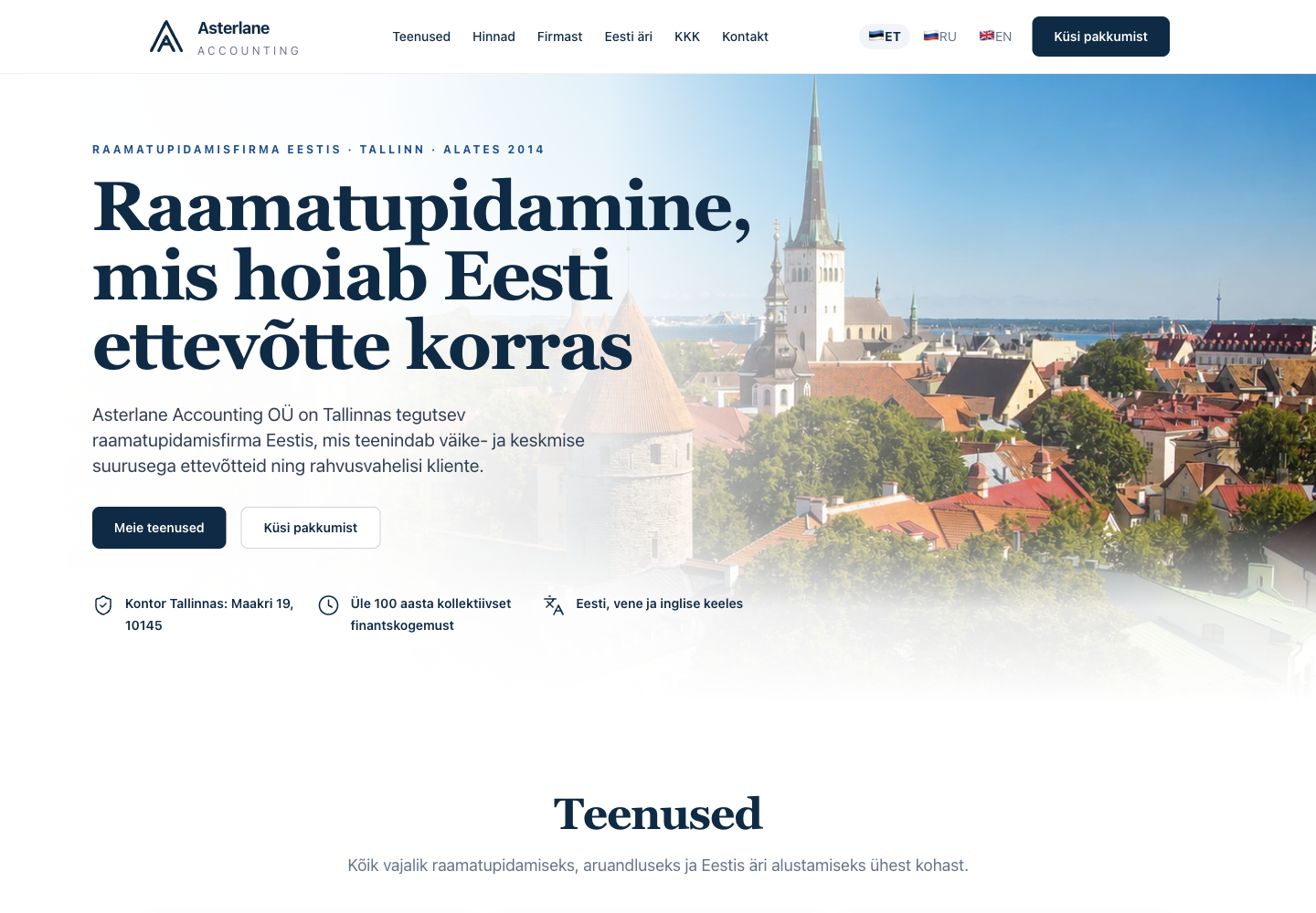 Asterlane Accounting homepage with Tallinn skyline hero and accounting service positioning.