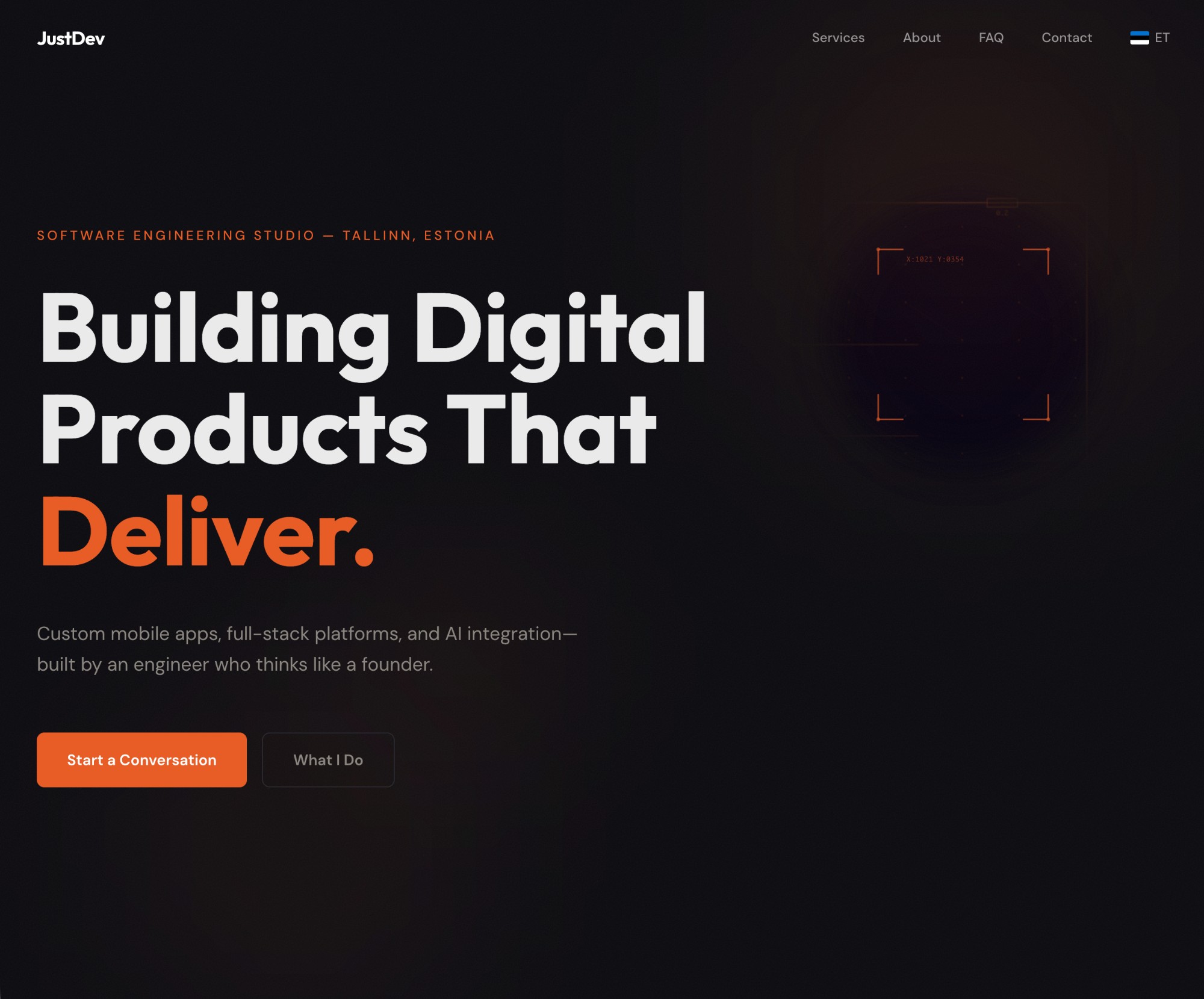 justdev.ee — dark-themed software engineering studio landing page with bold display headline.