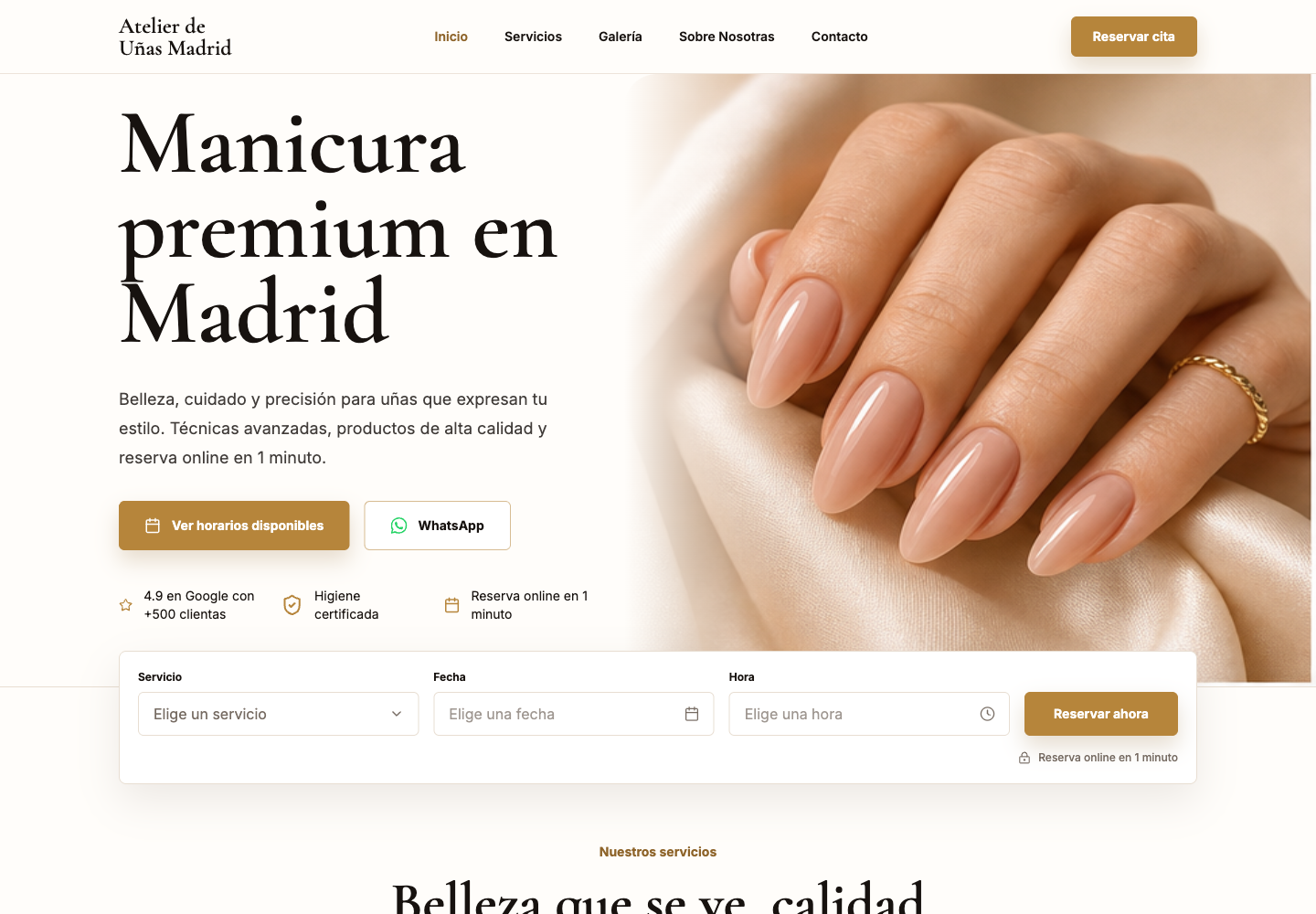 Nail salon template homepage with premium manicure hero, booking form, services, gallery, reviews and contact sections.