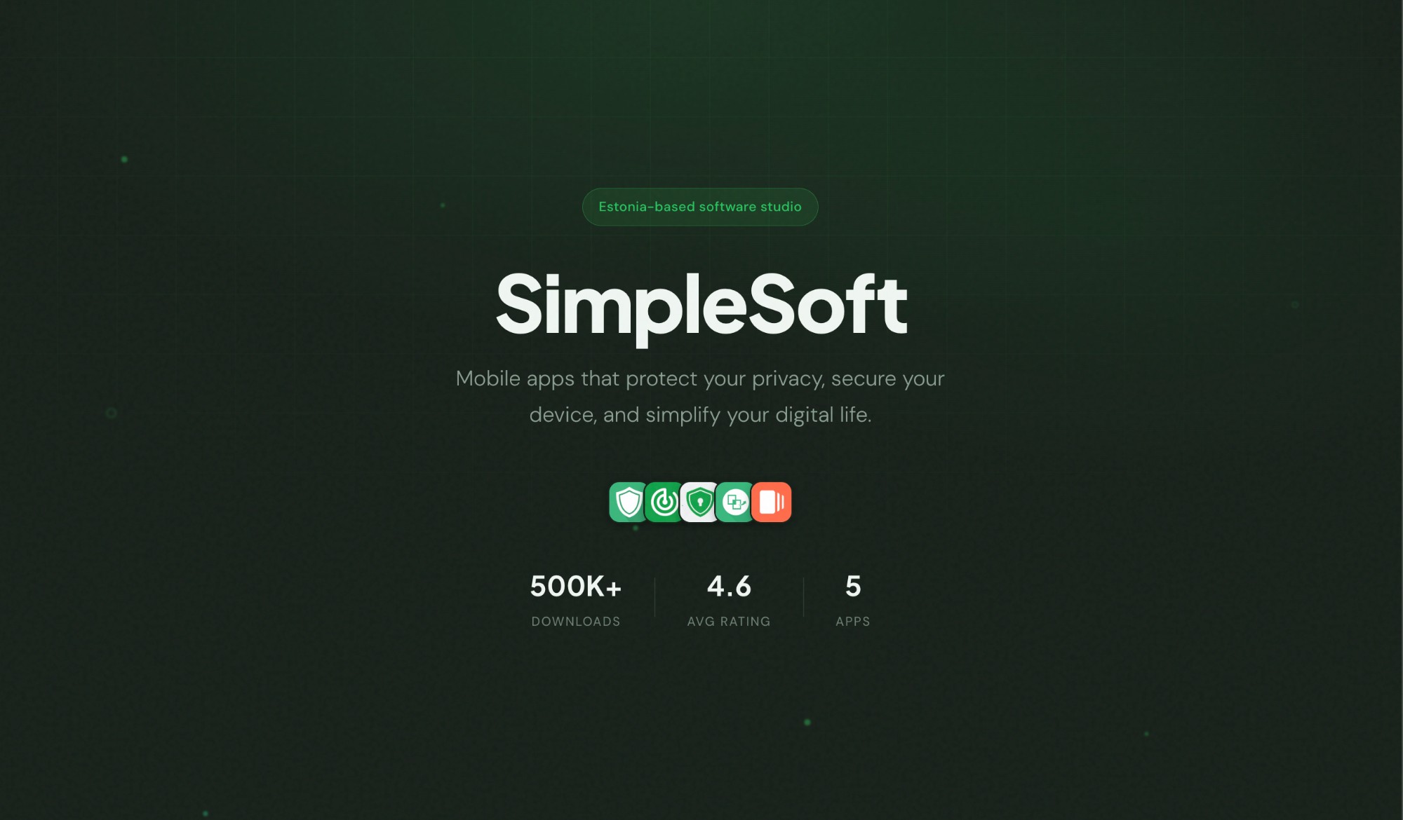 simplesoft.ee — dark-green mobile software studio page showing app icons and download stats.