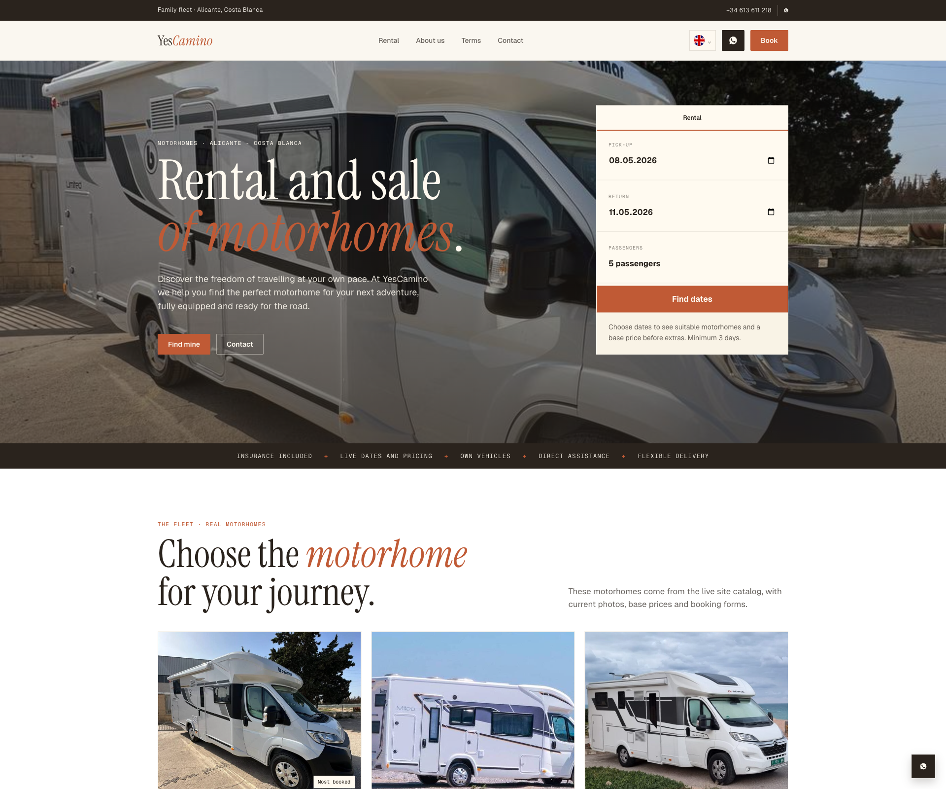 YesCamino motorhome rental website homepage with large vehicle hero and booking panel.